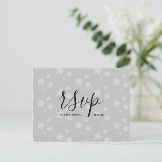 Rsvp-Hochzeitkarte | White Stars Script Postcard Einladungspostkarte (Stehend Vorderseite)