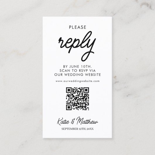 RSVP-Hochzeitskarte mit QR-Code minimal einfach Visitenkarte (Vorderseite)