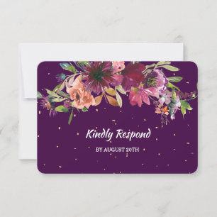 RSVP - Hochzeitsmenü des Lila Floral Gold Confetti Karte
