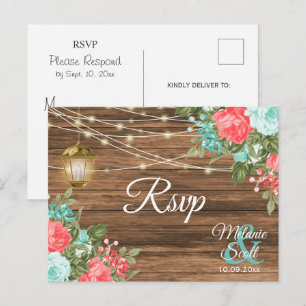 RSVP - Holz, Laterne und Türkis, Korallen Hochzeit Postkarte