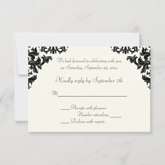 RSVP-Karte "Black and Ivory Damask" Einladung (Vorderseite)