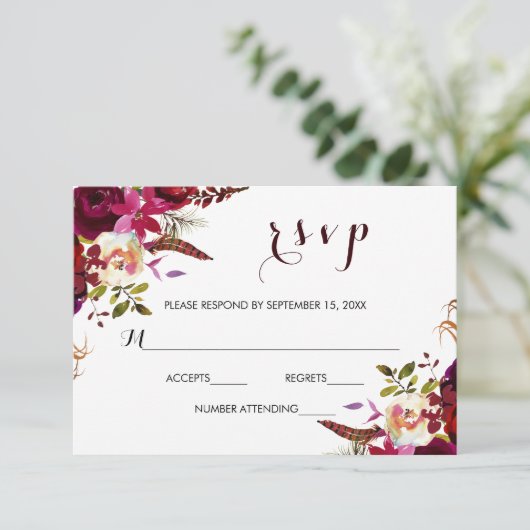 RSVP-Karte des Burgundy Marsala Navy RSVP Karte (Stehend Vorderseite)