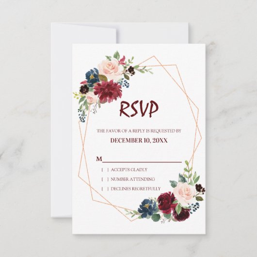 RSVP-Karte des Burgundy Red Navy Floral Geometric RSVP Karte (Vorderseite)