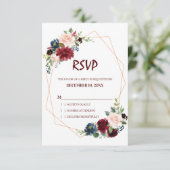 RSVP-Karte des Burgundy Red Navy Floral Geometric RSVP Karte (Stehend Vorderseite)