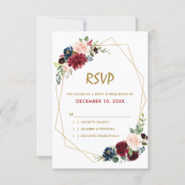 RSVP-Karte des Burgundy Red Navy Floral Geometric RSVP Karte
