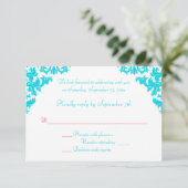 RSVP-Karte für Aqua, White und Red Damask RSVP Karte (Stehend Vorderseite)