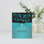 RSVP-Karte für aquamarine und schwarze Flora RSVP Karte (Stehend Vorderseite)