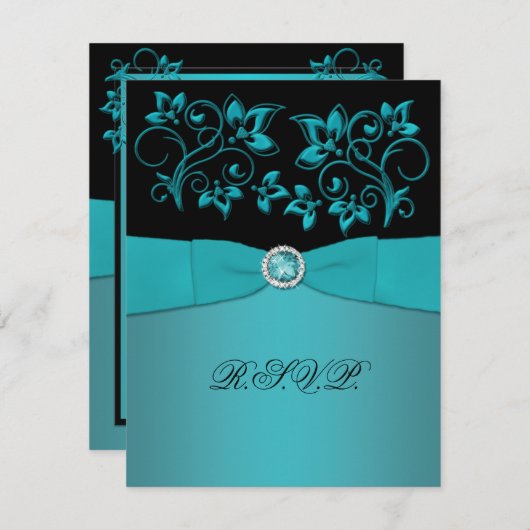 RSVP-Karte für aquamarine und schwarze Flora RSVP Karte (Vorne/Hinten)