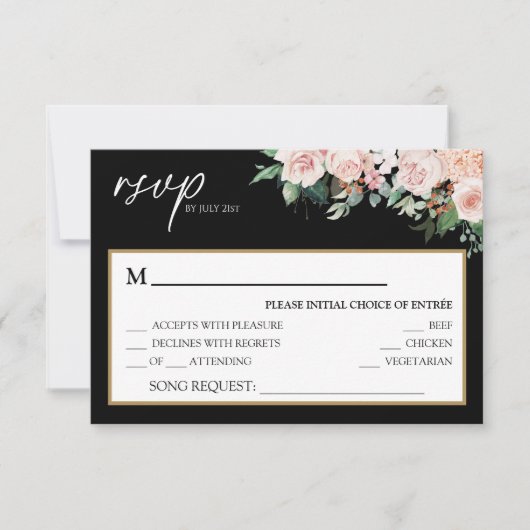RSVP-Karte für Blush Floral Black Wedding Song Req RSVP Karte (Vorderseite)