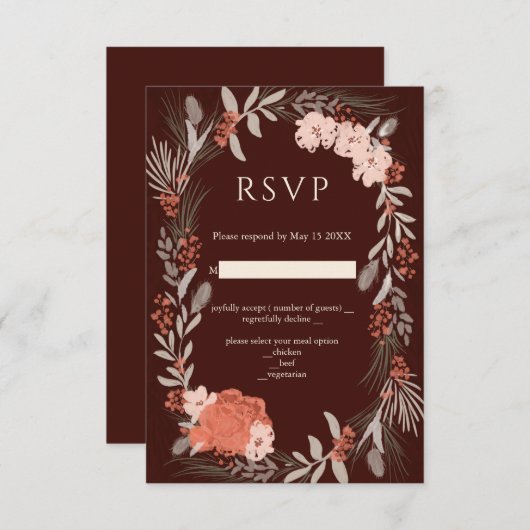 RSVP-Karte für Boho botanicals Brown and Cream Wed RSVP Karte (Vorne/Hinten)