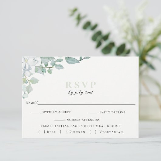 RSVP-Karte für botanische Hochzeiten in Dusty Sage RSVP Karte (Stehend Vorderseite)