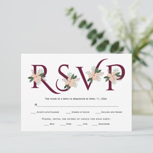 RSVP-Karte für Burgund und Blume RSVP Karte (Stehend Vorderseite)