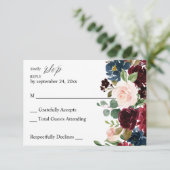 RSVP-Karte für Burgund und Marine, rosa Blütenblät RSVP Karte (Stehend Vorderseite)