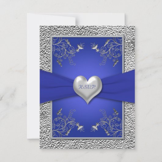 RSVP-Karte für Cobalt Blue und Pewter Heart RSVP Karte (Vorderseite)