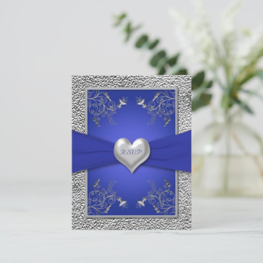 RSVP-Karte für Cobalt Blue und Pewter Heart RSVP Karte (Stehend Vorderseite)