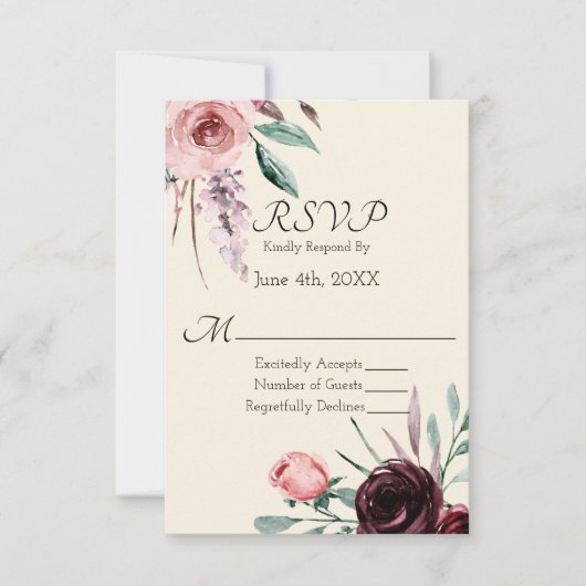 RSVP-Karte für Creme und Burgund-Floral Wedding RSVP Karte (Vorderseite)