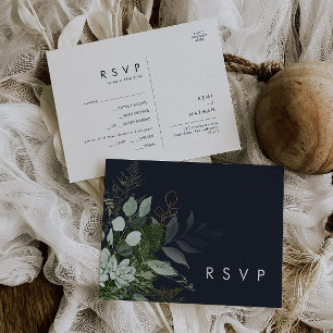RSVP Karte für die "Greenery and Gold Leaf Navy"