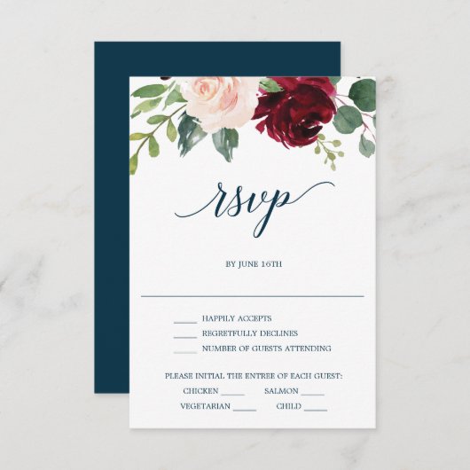 RSVP-Karte für die Hochzeit der Burgundy Navy Einladung (Vorne/Hinten)