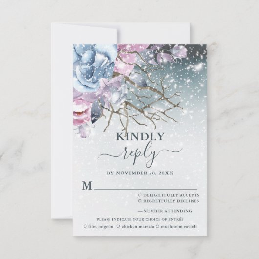 RSVP-Karte für die Winterhochzeit mit Blumenschnee RSVP Karte (Vorderseite)