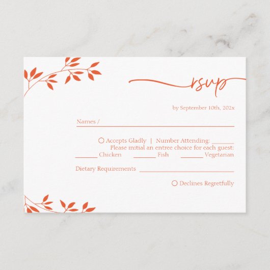 RSVP-Karte für einfache Orange Spring Wedding Menü (Vorderseite)