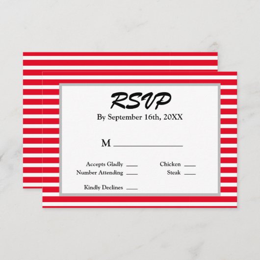 RSVP-Karte für Gerahmte Hochzeiten, rot/weiß Strei RSVP Karte (Vorne/Hinten)