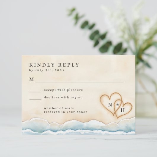 RSVP-Karte für Hochzeiten am Strand mit Aquarellpl RSVP Karte (Stehend Vorderseite)