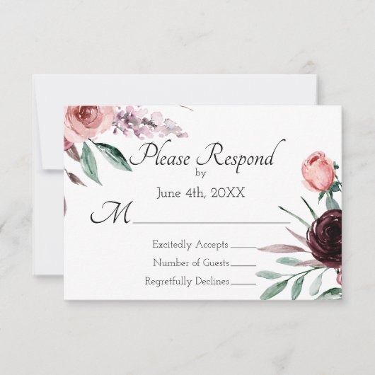RSVP-Karte für Hochzeiten in Burgund und Rosa RSVP Karte (Vorderseite)