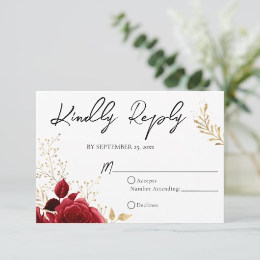 RSVP-Karte für Hochzeiten in Rot und Schwarz RSVP Karte (Stehend Vorderseite)
