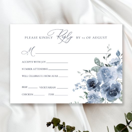 RSVP-Karte für Hochzeiten mit blauer und weißer Bl RSVP Karte