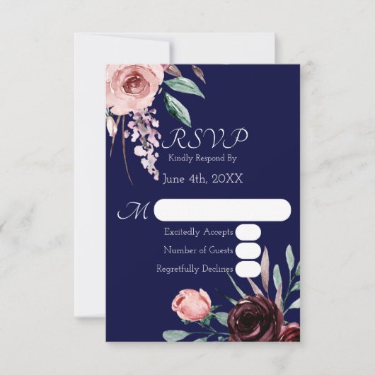 RSVP-Karte für Hochzeiten von Navy Blue und Burgun RSVP Karte (Vorderseite)