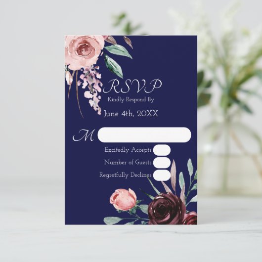 RSVP-Karte für Hochzeiten von Navy Blue und Burgun RSVP Karte (Stehend Vorderseite)