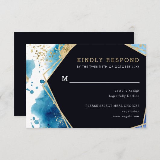 RSVP-Karte für Hochzeitsessen in Gold und Blau des RSVP Karte (Vorne/Hinten)