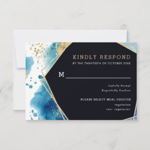 RSVP-Karte für Hochzeitsessen in Gold und Blau des RSVP Karte