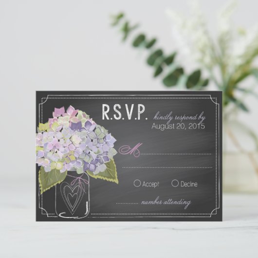 RSVP-Karte für Lavender Hydrangeas-Chalkboard RSVP Karte (Stehend Vorderseite)
