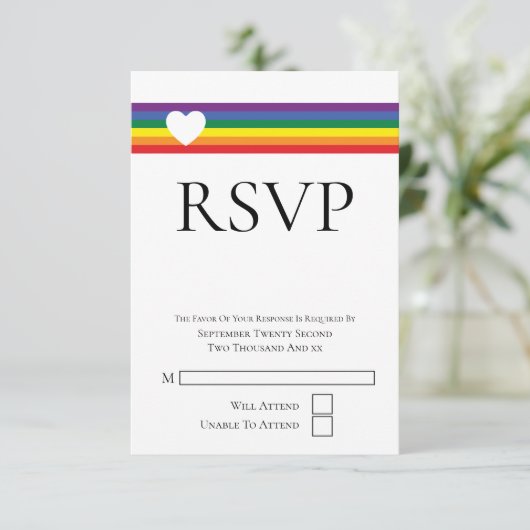 RSVP-Karte für Liebe Heart and Rainbow Gay Wedding RSVP Karte (Stehend Vorderseite)