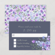 RSVP-Karte für Lila Blütenkalligrafie und graue Ka
