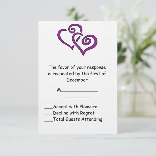 RSVP-Karte für lila Doppelherz RSVP Karte (Stehend Vorderseite)