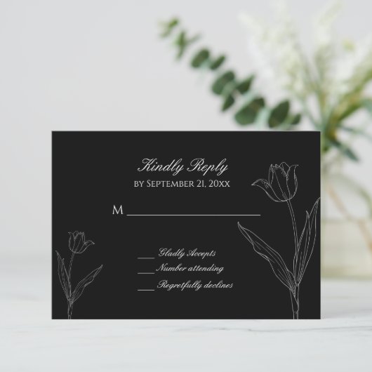 RSVP-Karte für Minimalistische Schwarz-Weiß-Tulip- RSVP Karte (Stehend Vorderseite)