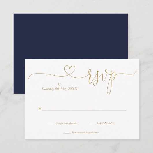 RSVP-Karte für Navy- und Gold-Script-Herz RSVP Karte (Vorne/Hinten)