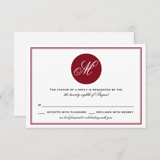 RSVP-Karte für Red Elegant Script Monogram RSVP Karte (Vorne/Hinten)