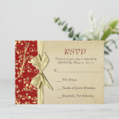 RSVP-Karte für Red/Gold Weihnachts-Ribbon-Damaskus Einladung (Stehend Vorderseite)