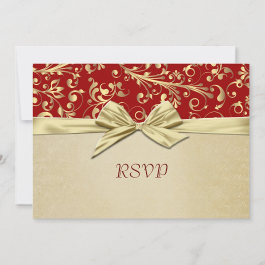 RSVP-Karte für Red/Gold Weihnachts-Ribbon-Damaskus Einladung (Rückseite)