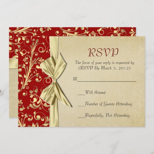 RSVP-Karte für Red/Gold Weihnachts-Ribbon-Damaskus Einladung (Vorne/Hinten)