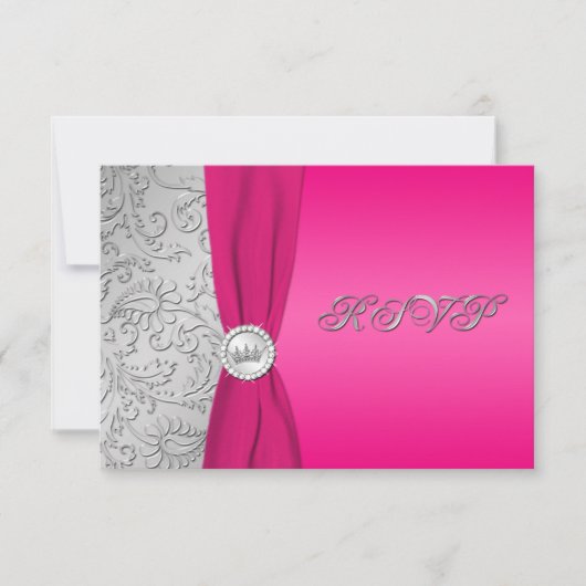 RSVP-Karte für rosa und silberne Damask Quinceaner RSVP Karte (Vorderseite)