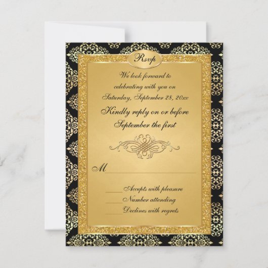 RSVP-Karte für Schwarz, Gold, IMITATS Glitzer RSVP Karte (Vorderseite)
