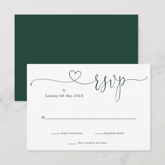 RSVP-Karte für Smaragd und Weiß-Script-Herz RSVP Karte (Vorne/Hinten)