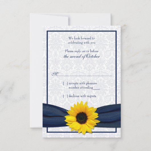 RSVP-Karte für Sonnenblumen-Navy-Damask-Blumenblum RSVP Karte (Vorderseite)