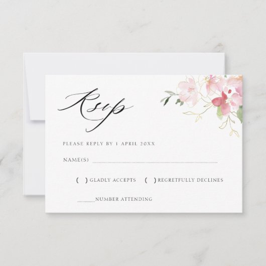 RSVP-Karte mit grauer und rötlich-rosa Blütenfarbe RSVP Karte (Vorderseite)