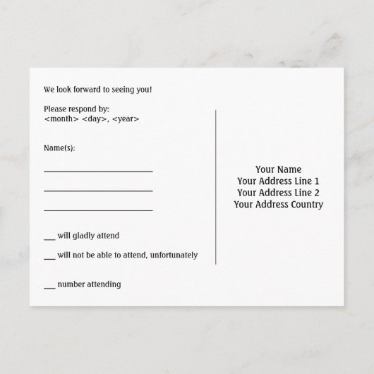 RSVP-Karte mit länglich gelblichem, nebelähnlichem Einladungspostkarte (Rückseite)