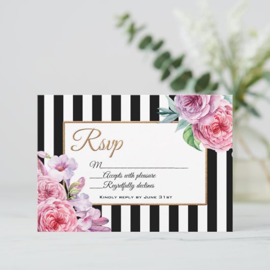 RSVP-Karte mit rosa Rosen und Streifen RSVP Karte (Stehend Vorderseite)